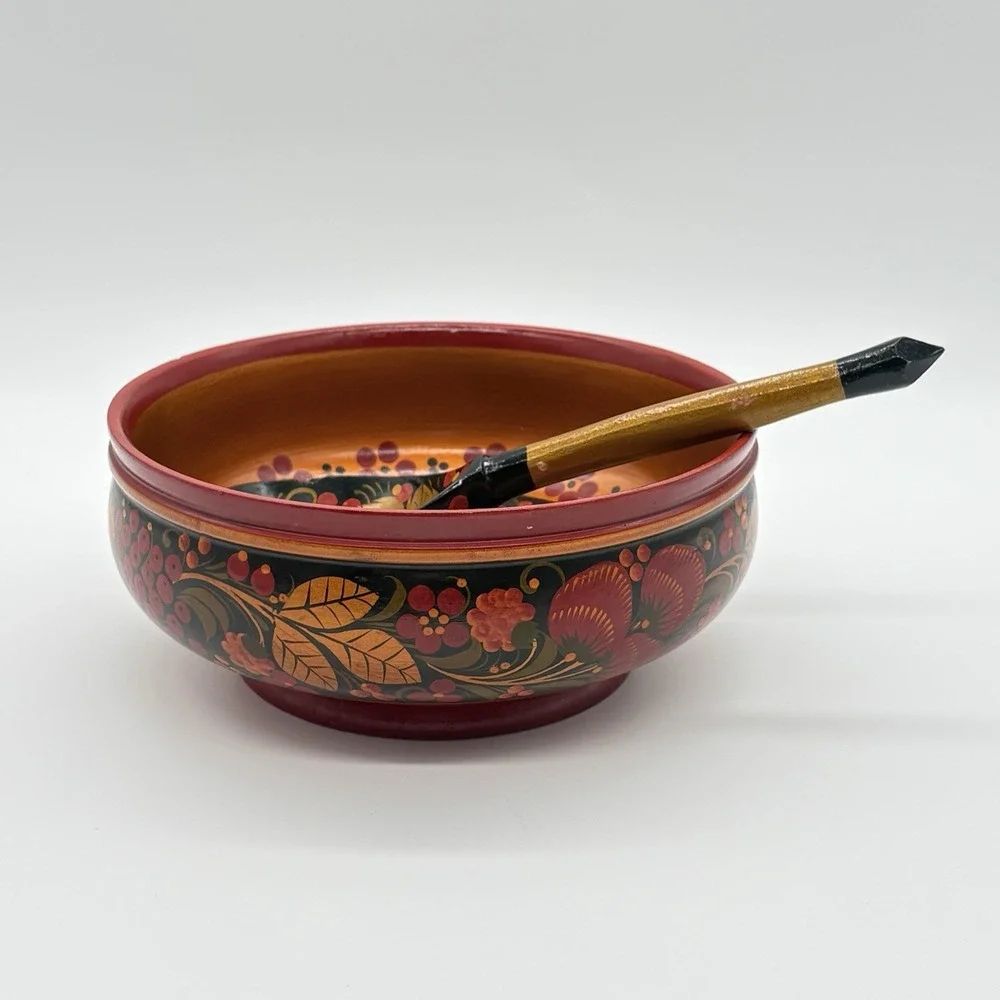 Russian Art Khokhloma Wooden Bowl Matching Spoon Traditional Floral Berry Design